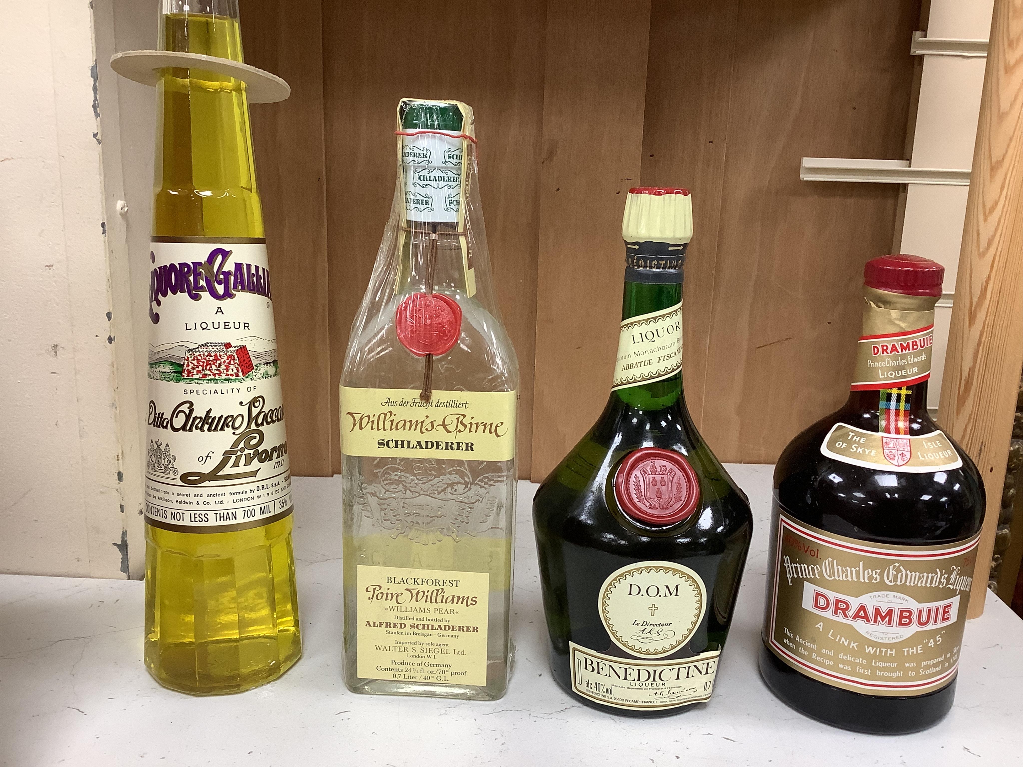 Seventeen bottles of various liqueurs including, Drambuie, Crème de Menthe etc. Condition - storage unknown